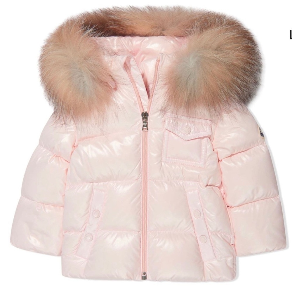 MONCLER Infant Fur Trim Hooded Puffer Jacket in pearl pink